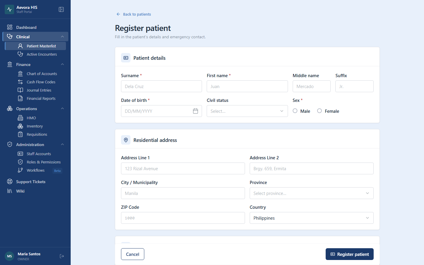 Aevora patient registration form with PhilHealth and PhilSys fields