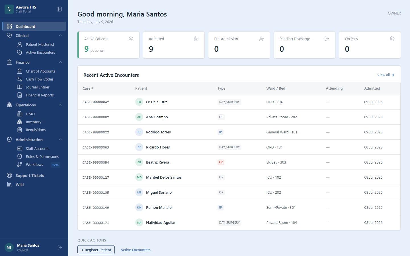 Aevora application shell with facility navigation