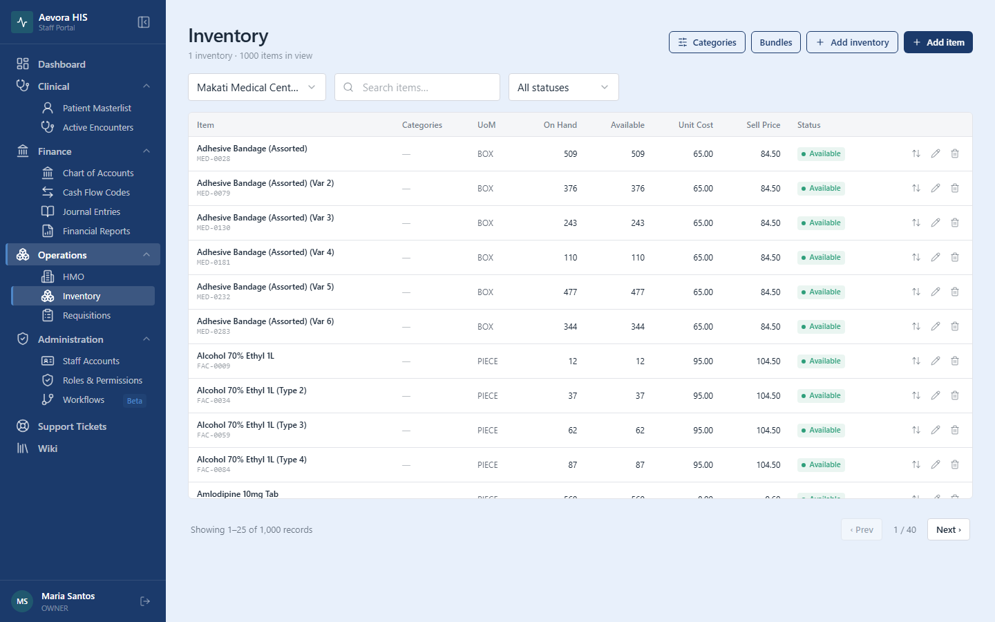Aevora inventory list view
