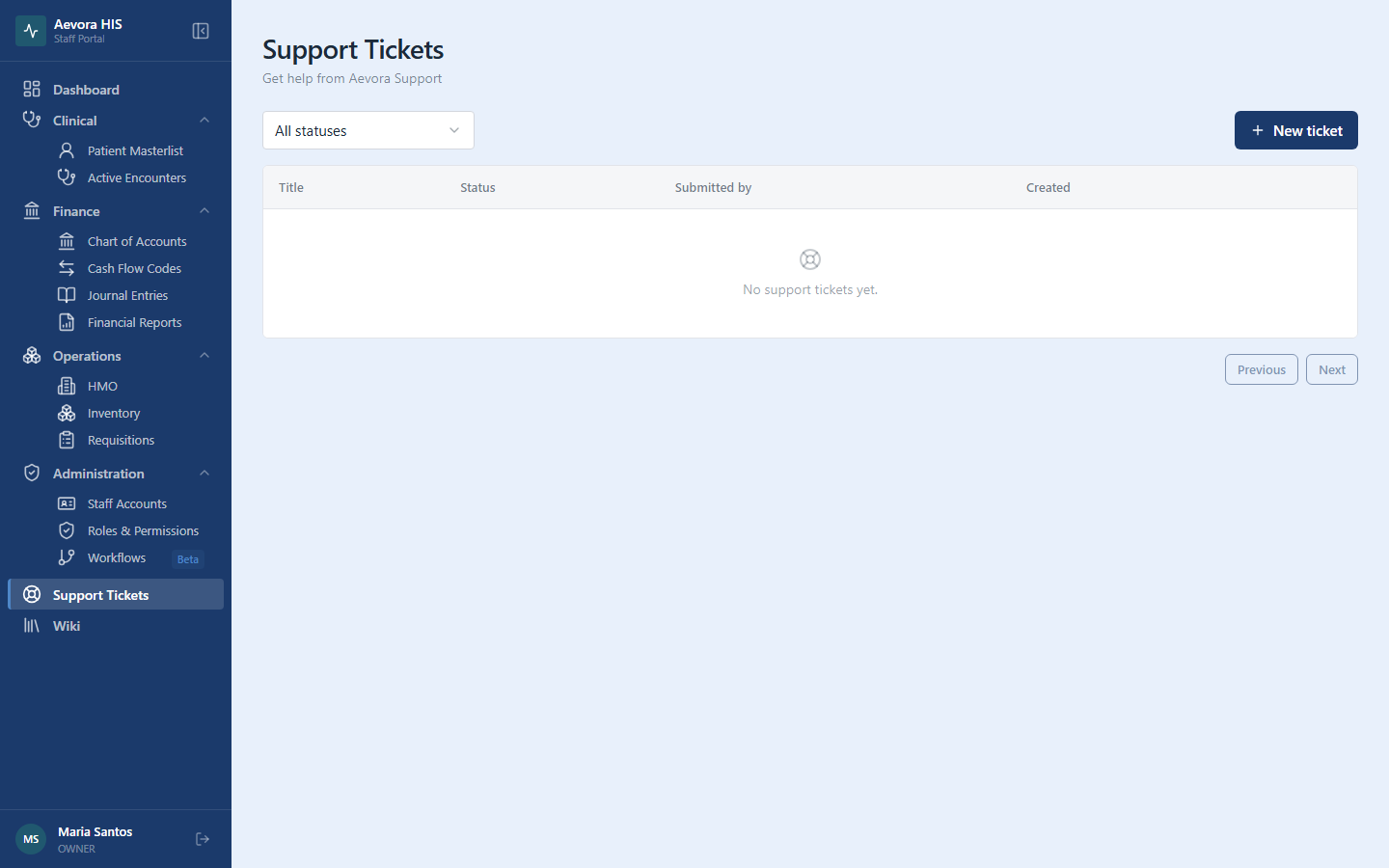 Aevora support ticket inbox